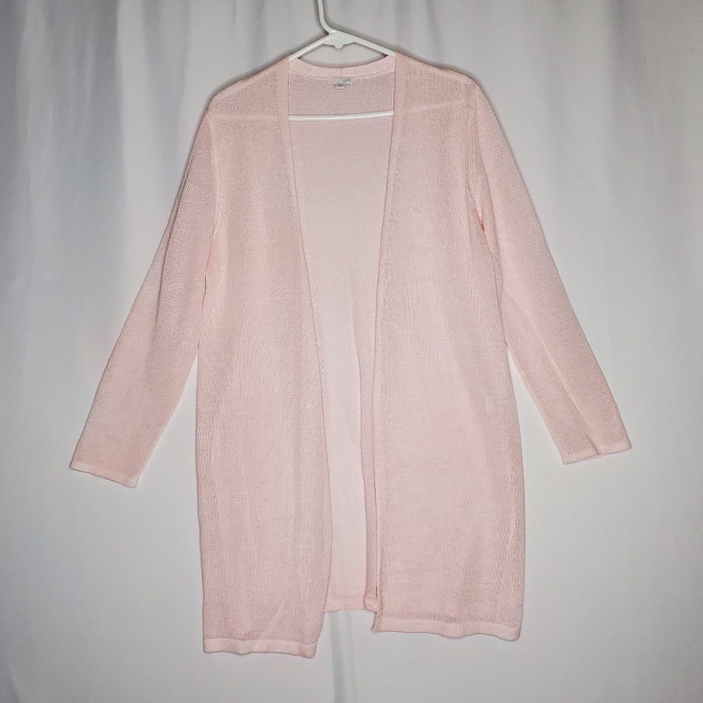J Jill Linen Blend Cardigan‎ Womens Medium Pastel Pink Pocket Open Long Sleeve